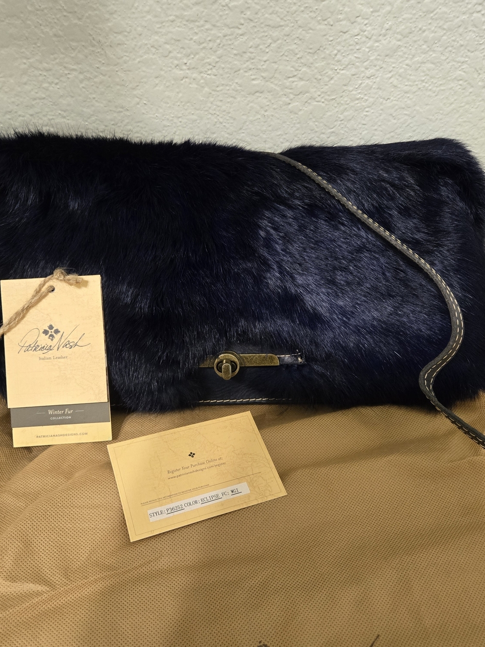 NWT Patricia Nash Midnight Navy Fur Clutch with Leather Strap